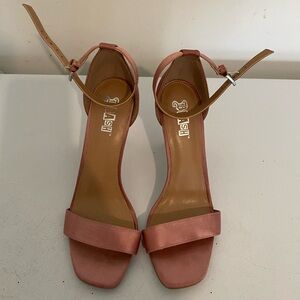 ASH Rose Pink Satin Ankle-Strap Block Heel Sandals